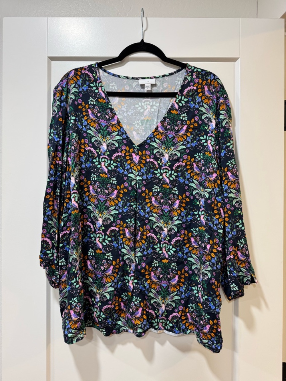 J. Jill Floral Print Long Sleeve Tunic - Black with Purple, Green, Orange